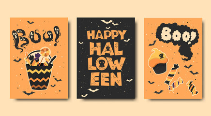 Happy Halloween vector cards collection with hand drawn cute sweets and letterings isolated on black and orange background. Illustrations templates for invitation, card, print, banner