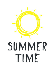 Hand drawn Illustration Sun. Doodle style element and Summer Quote. Yellow Solar System Objects with positive text