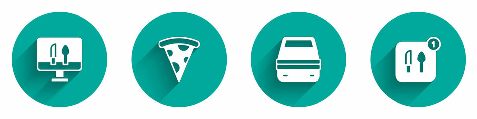 Set Online ordering food, Slice of pizza, Lunch box and Food icon with long shadow. Vector