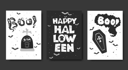 Happy Halloween vector cards collection with hand drawn tomb, coffin and letterings isolated on black and white background. Illustrations templates for invitation, card, print, banner