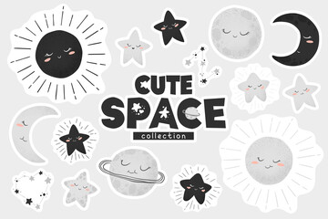 Vector illustration with cute hand drawn cartoon space stickers collection sun, moon, planets and stars isolated on grey background. Design for planners, laptop stickers, card, stationary