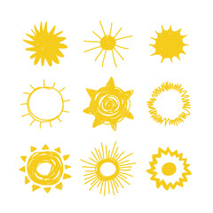Hand drawn Illustration Sun. Doodle style element isolated on white background. Yellow Solar System Objects
