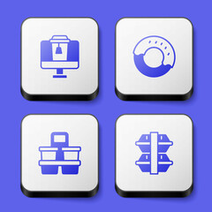 Set Online ordering food, Donut, Coffee cup to go and Lunch box icon. White square button. Vector