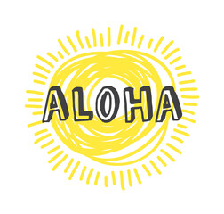 Hand drawn Illustration Sun. Doodle style element and Summer Quote. Yellow Solar System Objects with positive text