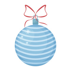 Christmas tree toy. A large, beautiful ball for decorating a Christmas tree, blue in color with a red ribbon. A festive New Year s toy. A New Year s accessory. Vector illustration isolated