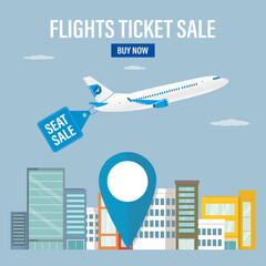 Flights ticket sale, landing page. Sale of air tickets. Plane take off. Advertising banner attached to airplane. City landscape, trip destination with huge pointer. Promo tariff. - obrazy, fototapety, plakaty
