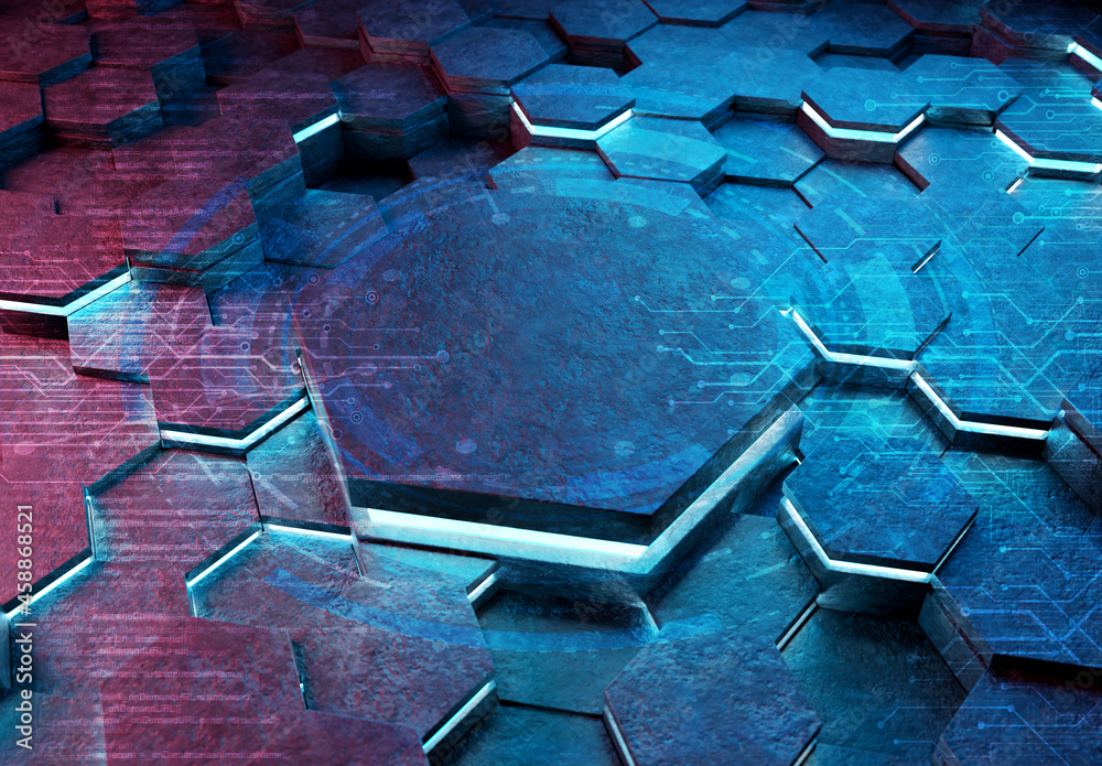 Poster glowing pink and blue hexagons podium background pattern. hexagonal metal surface with lights and re