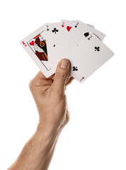 Male hand with playing cards for poker on white background