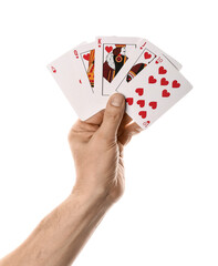 Male hand with playing cards for poker on white background