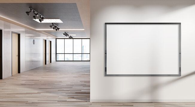 Black horizonal frame Mockup hanging on wall. Mock up of a billboard in modern wooden office interior 3D rendering