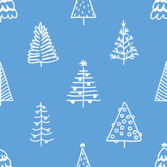 Seamless pattern with hand drawn Christmas tree. Abstract  doodle drawing winter wood. Vector art Holidays illustration