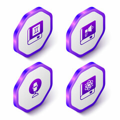 Set Isometric Book, Microphone and about physics icon. Purple hexagon button. Vector