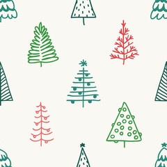 Seamless pattern with hand drawn Christmas tree. Abstract  doodle drawing winter wood. Vector art Holidays illustration