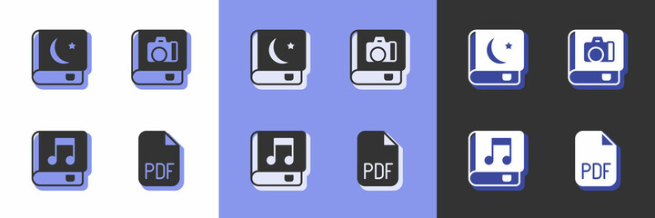 Set PDF file document, Holy book of Koran, Audio and Photo album gallery icon. Vector