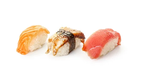 Selbstklebende Fototapeten Different delicious sushi on white background © Pixel-Shot