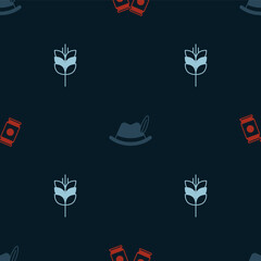 Set Beer can, Oktoberfest hat and Wheat on seamless pattern. Vector