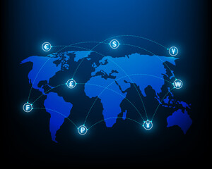 money transfers network and currency exchange concept symbol global