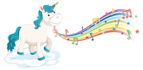 Blue unicorn standing on the cloud with melody symbols on rainbow