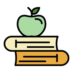 Apple on books icon. Outline apple on books vector icon color flat isolated