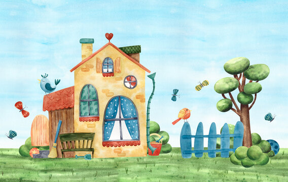 Cute Baby Watercolor Illustration Of The Yellow House And The Yard With Fence, Tree, Birds, Butterflies And Other Filing Of The Yard.