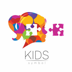 Modern Vector logotype Girl head with Puzzle inside brain in Rainbow Color . Logo sign of Psychology. Profile Human. Creative style. Symbol in vector. Design concept.