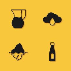 Set Jug glass with water, Bottle of, Iceberg and Cloud rain icon with long shadow. Vector
