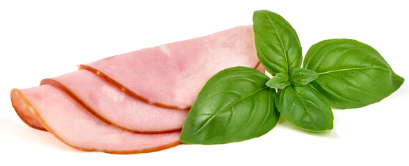 Cooked boiled ham slices, isolated on white background.