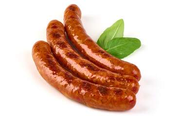 Grilled bbq sausages on the barbecue, isolated on white background.