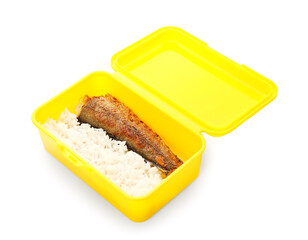Yellow container with rice and fish on white background
