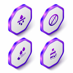 Set Isometric Water filter cartridge, drop forbidden, Washing hands with soap and Big bottle clean water icon. Purple hexagon button. Vector