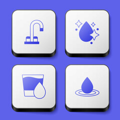 Set Water tap, drop, Glass with water and icon. White square button. Vector