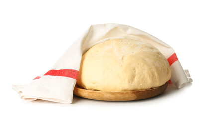 Wooden board with fresh dough on white background