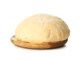 Wooden board with fresh dough on white background