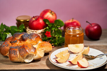 challah, apples and jar of honey closeup - Still life closeup. Illustration of Rosh Hashanah (jewish new year) or Savior of the Apple Feast Day