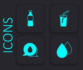 Set Water drop, Bottle of water, Glass with and speech bubbles icon. Black square button. Vector