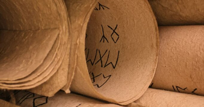 Old scribe library. Restro futhpak scrolls stacked on a pile.