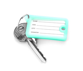 Key with plastic tag on white background