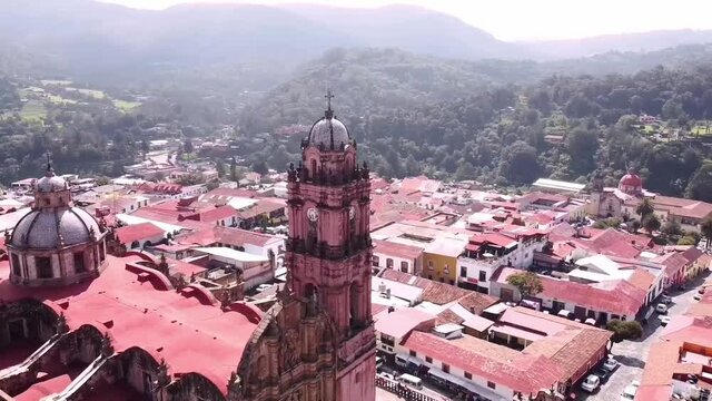 flight over the parish of tlalpujahua in mexico, one of the main tourist attractions, thoroughly the town