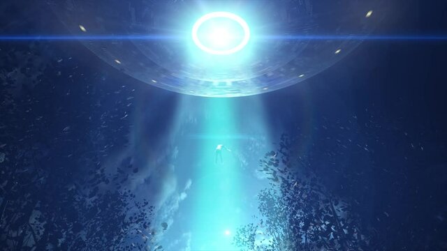 High quality, realistic CGI animation of an alien abduction, with unconcious man floating up a blue beam of light towards a huge rotating flying saucer, spaceship