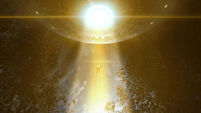 High quality, realistic CGI animation of an alien abduction, with unconcious man floating up a gold beam of light towards a huge rotating flying saucer, spaceship