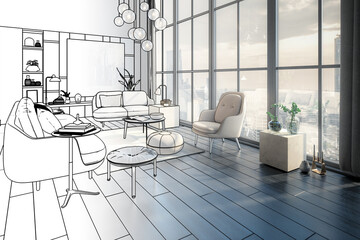 Furnishing Inside a Modern Style Panorama Apartment (illustration) - 3D Visualization