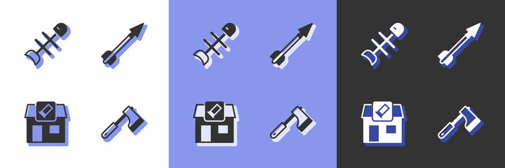 Set Wooden axe, Dead fish, Hunting shop and Medieval arrow icon. Vector