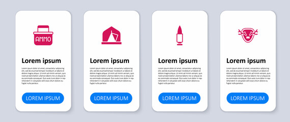 Set Deer antlers on shield, Bullet, Tourist tent and Ammunition box. Business infographic template. Vector