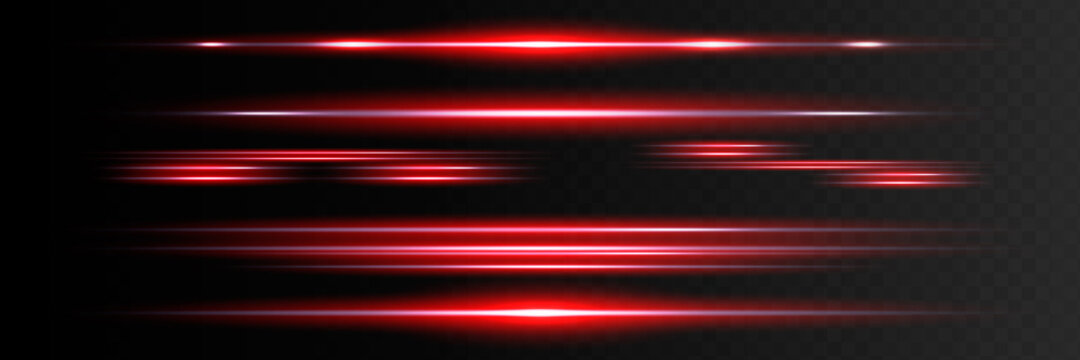 Red horizontal lens flares pack. Laser beams, horizontal light rays.Beautiful light flares. Glowing streaks on dark background. Luminous abstract sparkling lined background.