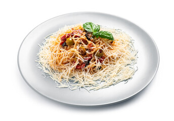 Plate of tasty Pasta Puttanesca on white background