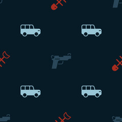Set Dead fish, Pistol or gun and Safari car on seamless pattern. Vector