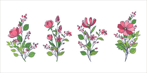 花のベクターイラスト　花の装飾的なデザイン素材　線画とピンク