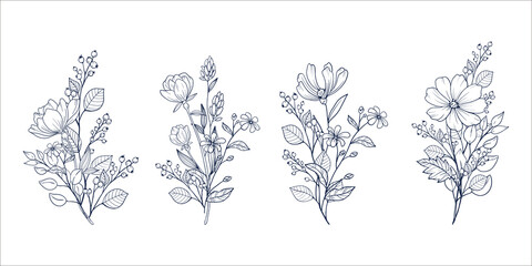 花束のベクターイラスト.　花の装飾的なデザイン素材.　線画アート.