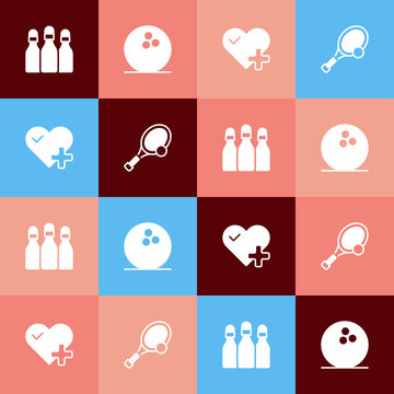 Set Pop Art Bowling Pin, Ball, Heart Rate And Tennis Racket With Icon. Vector