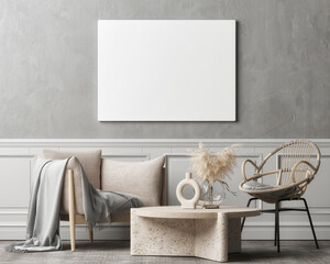 Living room with mock-up poster, armchair and home decoration, 3d illustration.